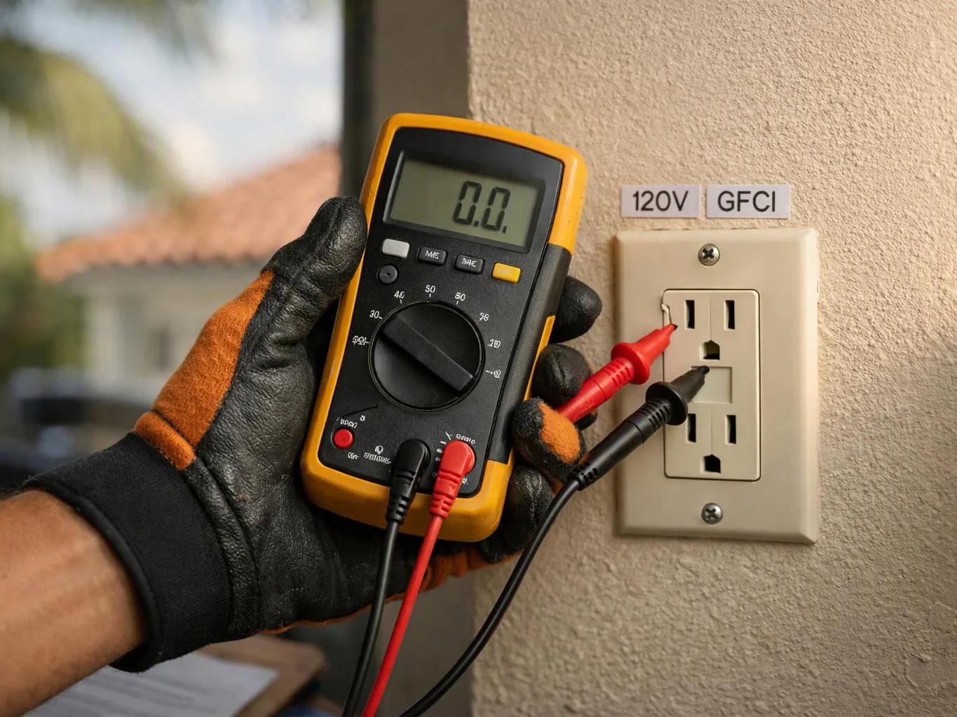 A gloved hand tests a wall outlet with a digital multimeter beside labels reading 120V and GFCI