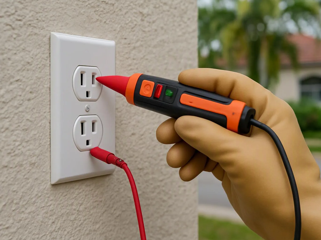 A gloved hand tests a wall outlet with a red probe and an orange voltage tester outdoors