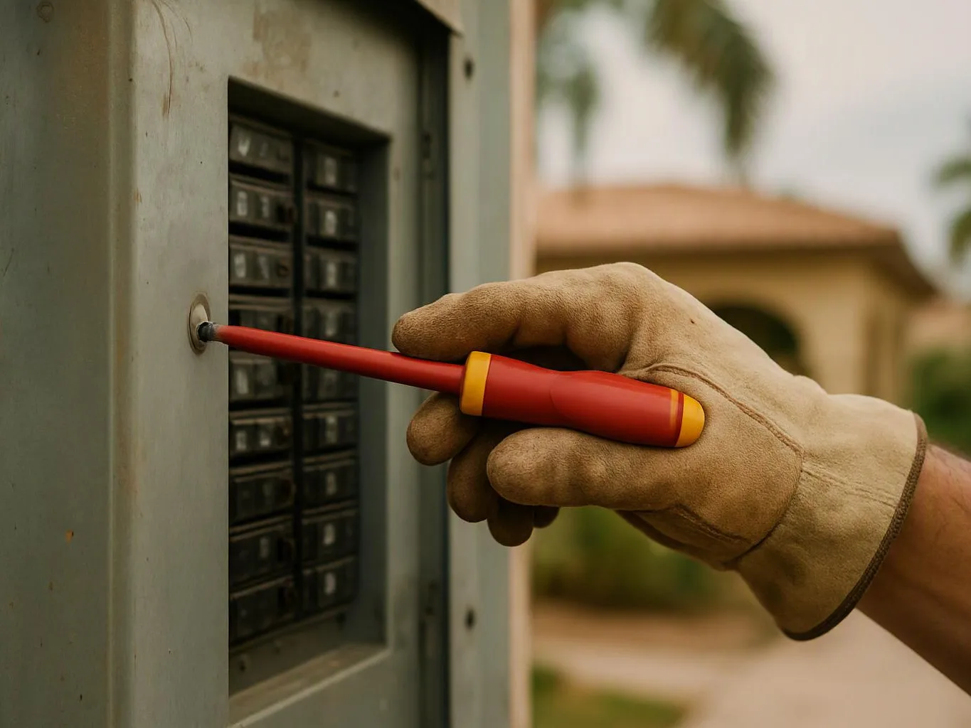 A gloved hand uses a red screwdriver on an electrical panel outdoors