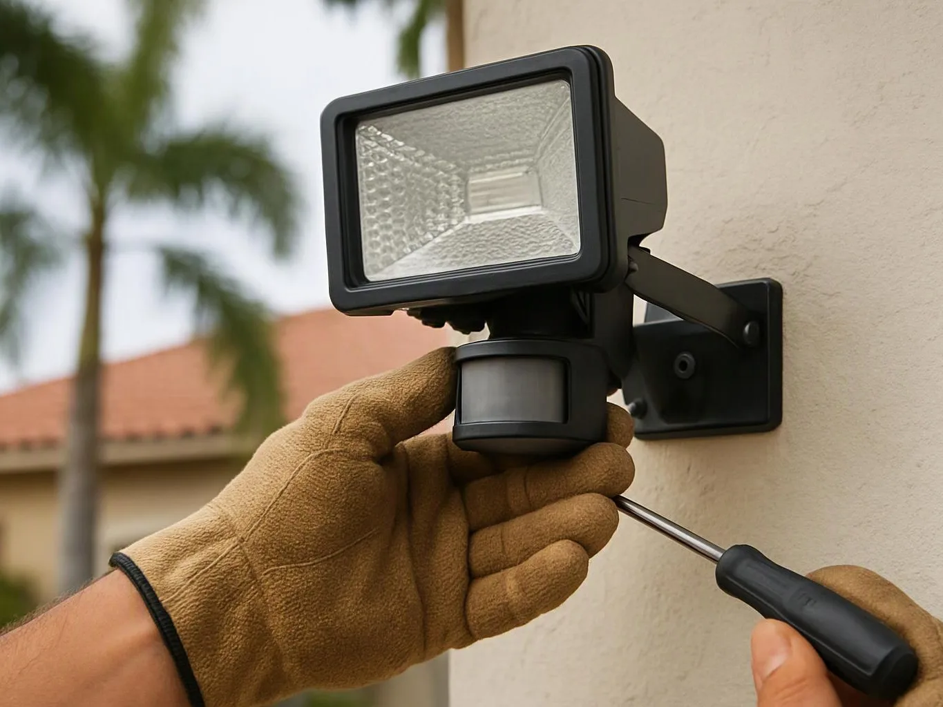 Gloved hands adjust a wall-mounted motion light with a screwdriver on an exterior stucco wall