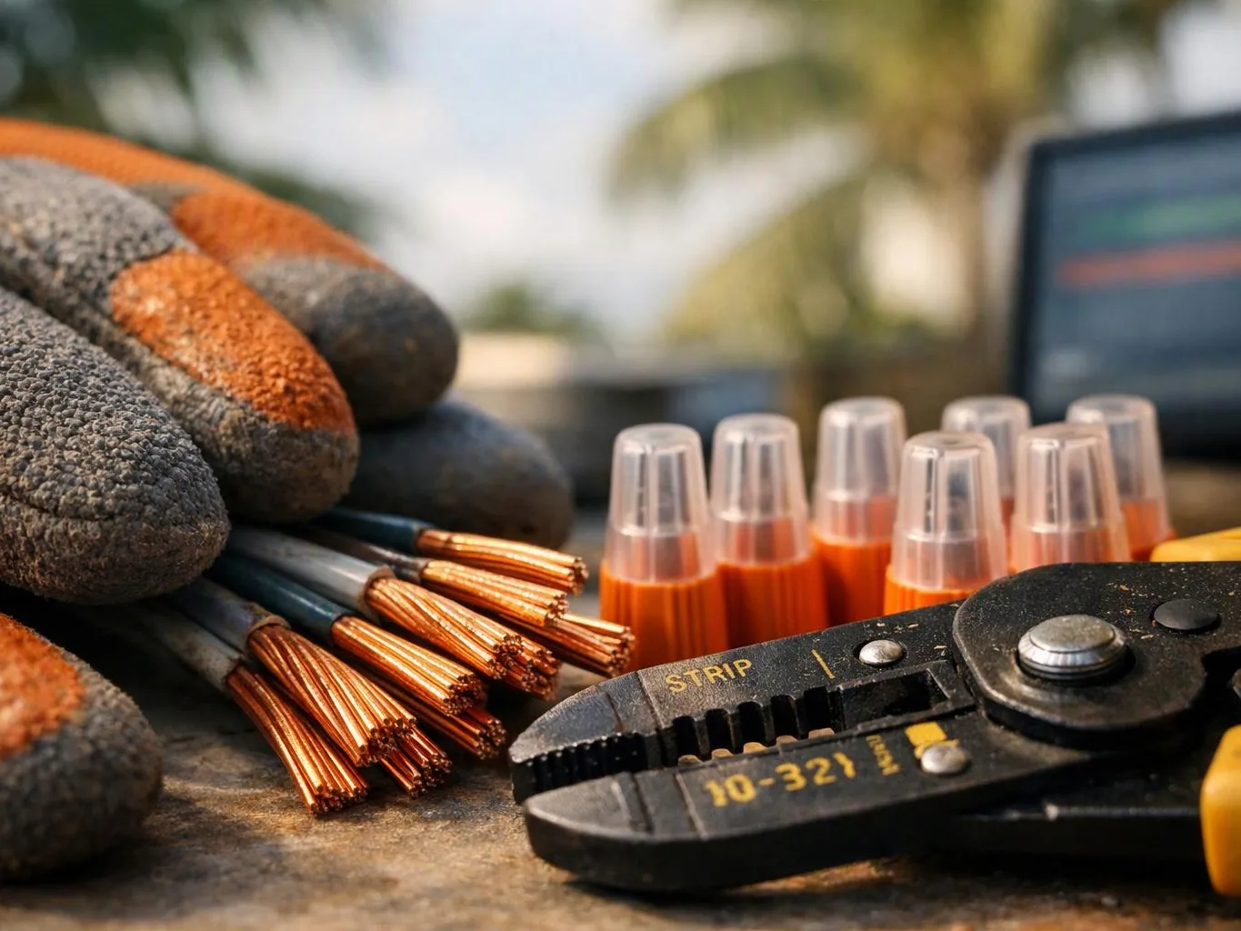 Gloved hands hold copper wire beside stripping pliers and orange wire connectors on a workbench