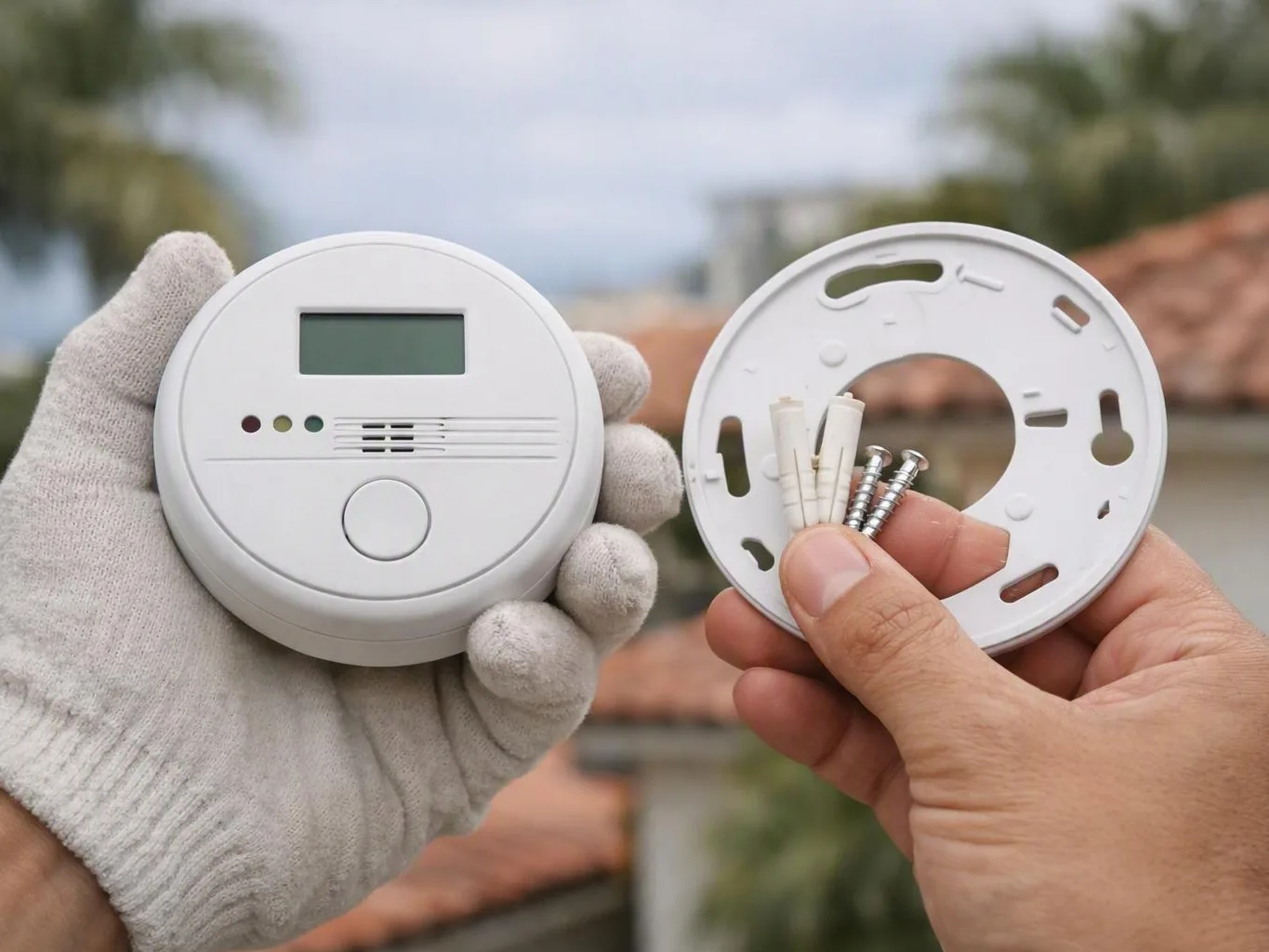 Gloved hands hold a round smoke detector and its mounting plate with screws outdoors