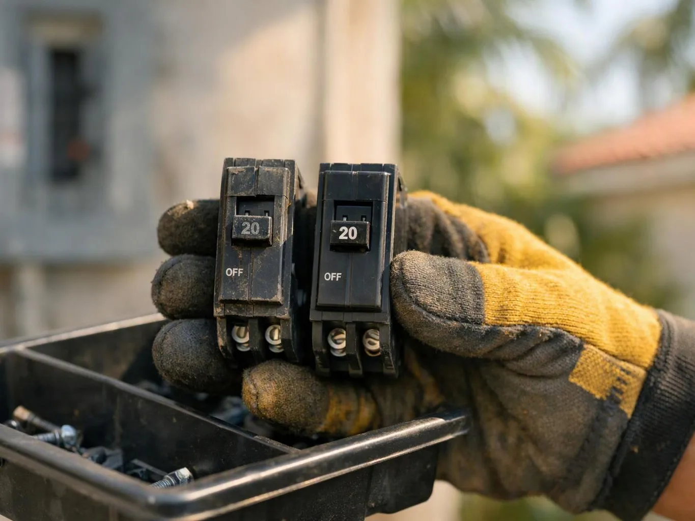 Gloved hands hold two 20 amp circuit breakers above a black parts tray outdoors