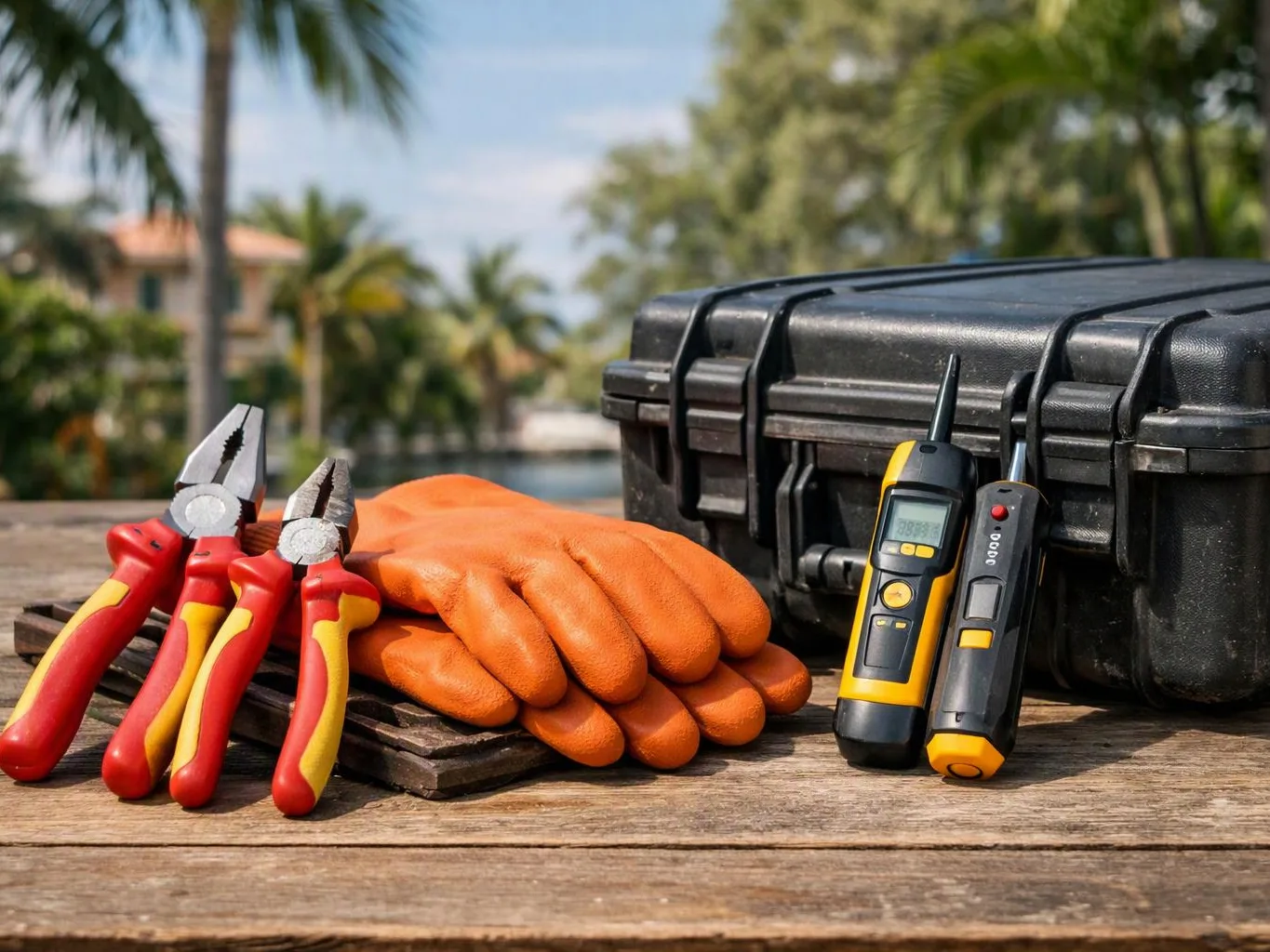 Gloved hands, pliers, two test pens, and a hard case sit on a wooden table outdoors