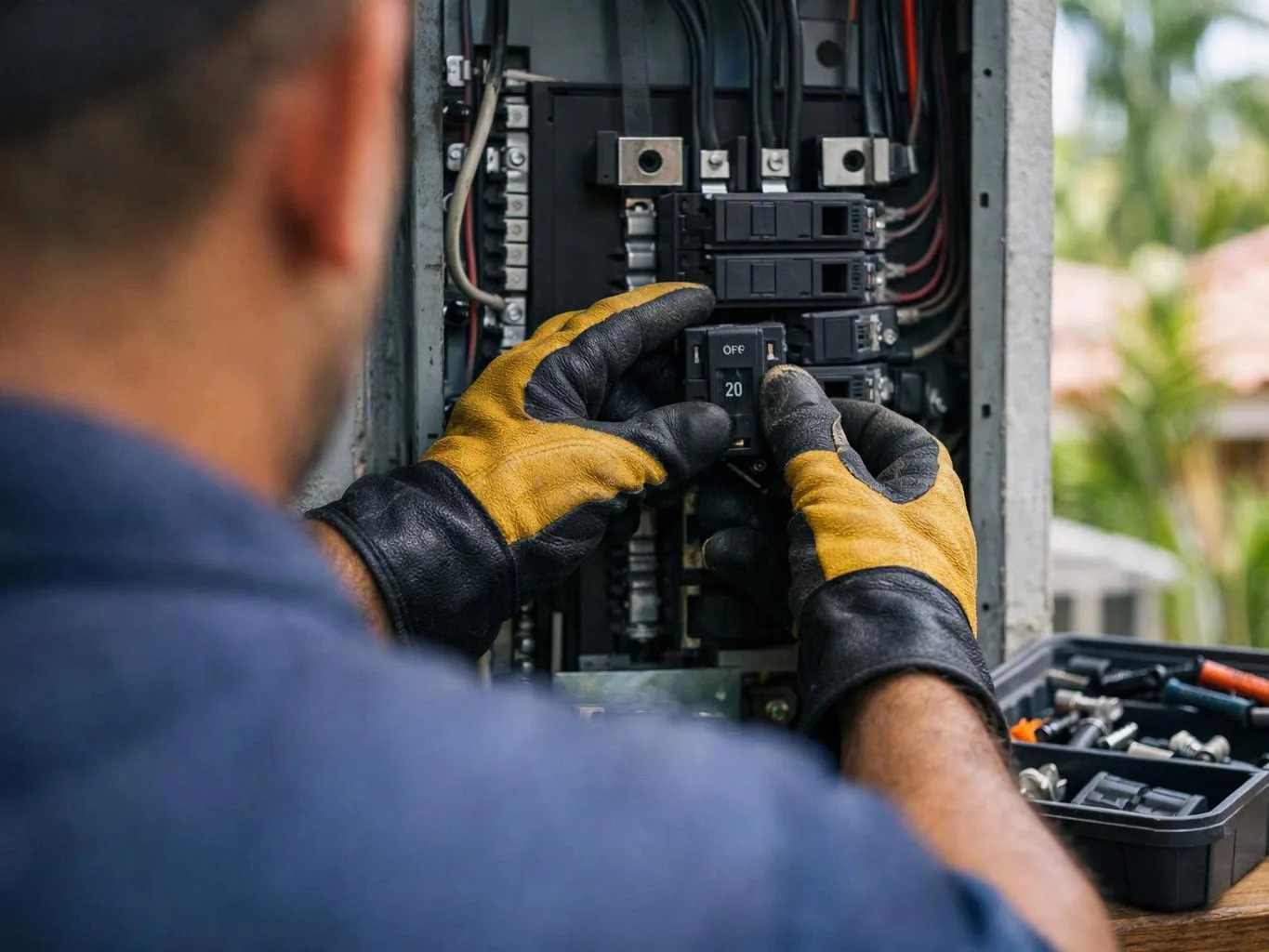 A gloved technician adjusts a breaker inside an open electrical panel outdoors