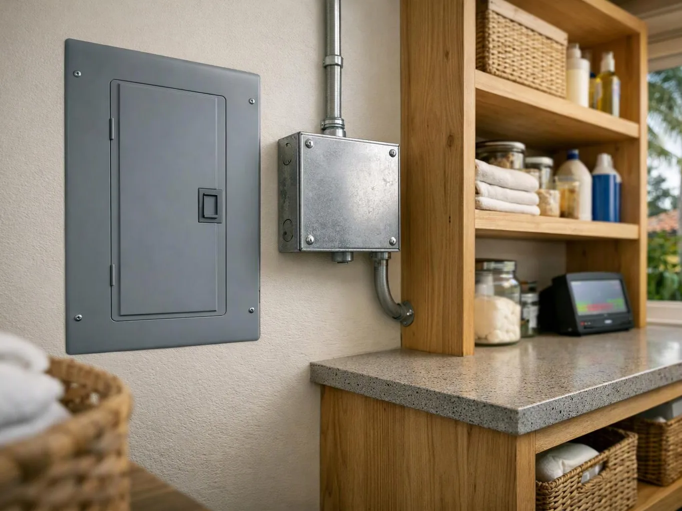 A gray electrical panel and metal conduit sit beside a wooden shelf with jars, towels, and bottles in a neat room