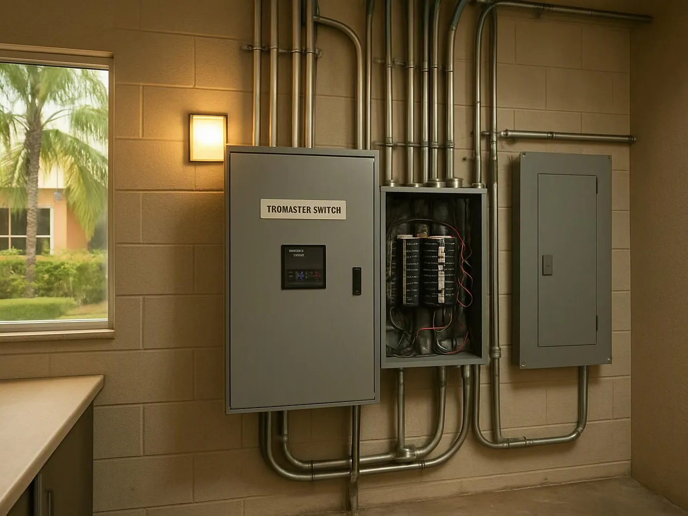 Gray electrical panels and metal conduit line a tan utility room beside a window