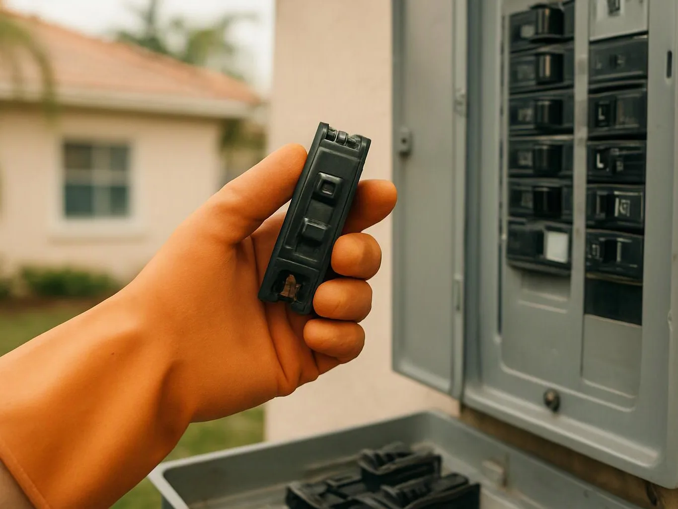 A hand holds a black circuit breaker beside an open electrical panel outdoors