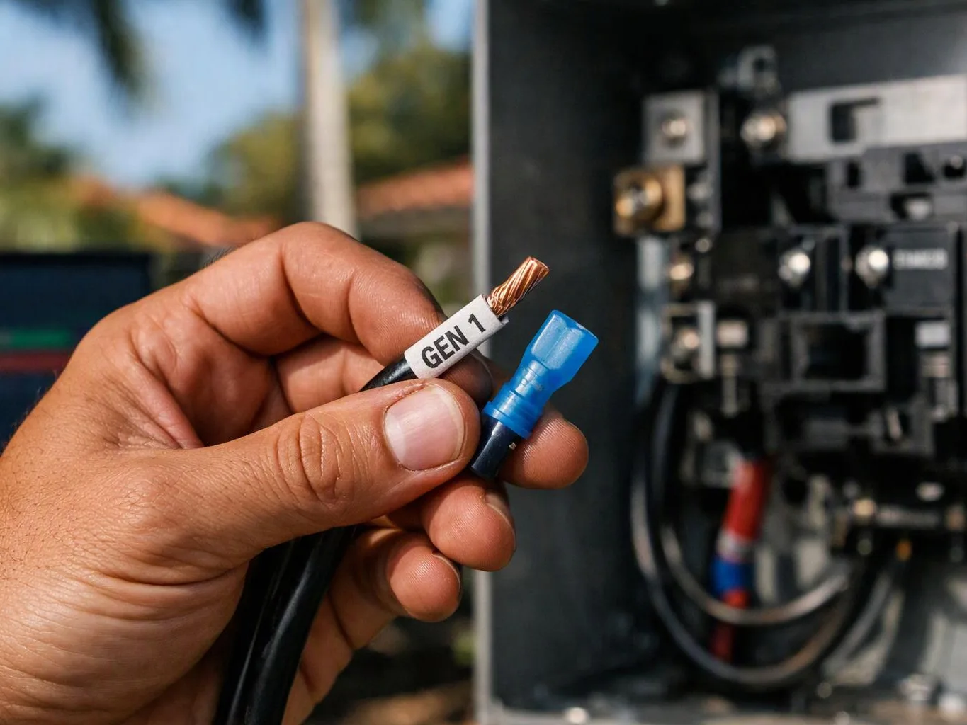 A hand holds a labeled black wire and a blue connector beside an open electrical panel
