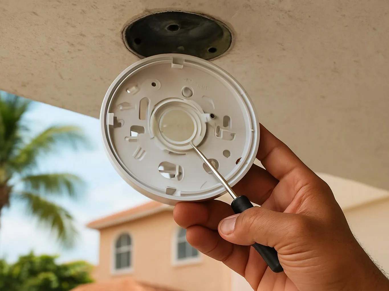 A hand holds a round smoke detector base and screwdriver under a ceiling mount outdoors