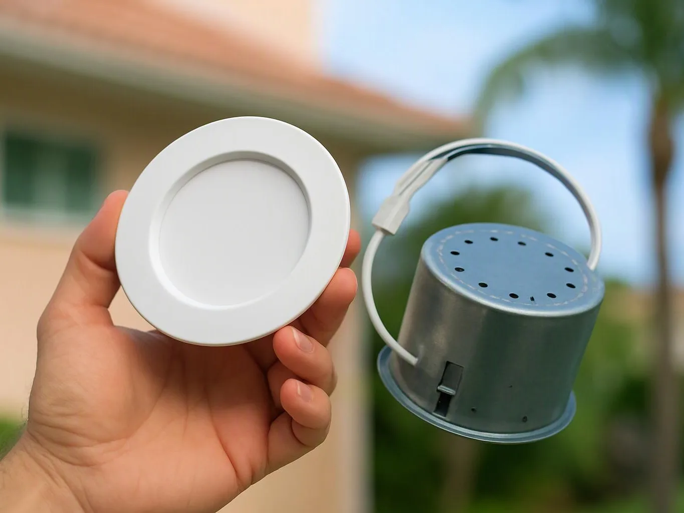 A hand holds a round white light trim beside a small metal recessed light fixture outdoors