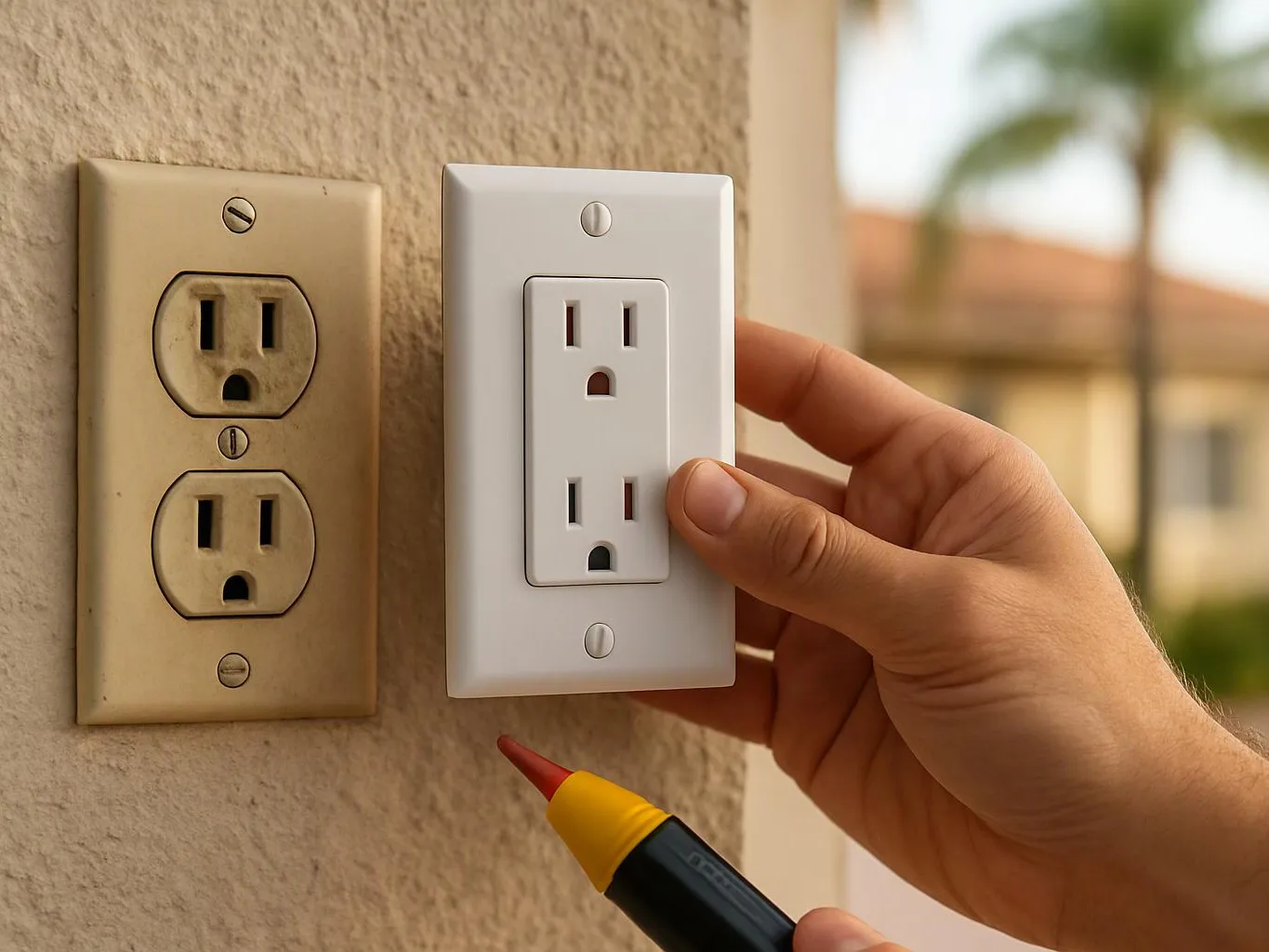 A hand holds a white wall outlet cover beside an older beige outlet, with a test probe below on a stucco wall
