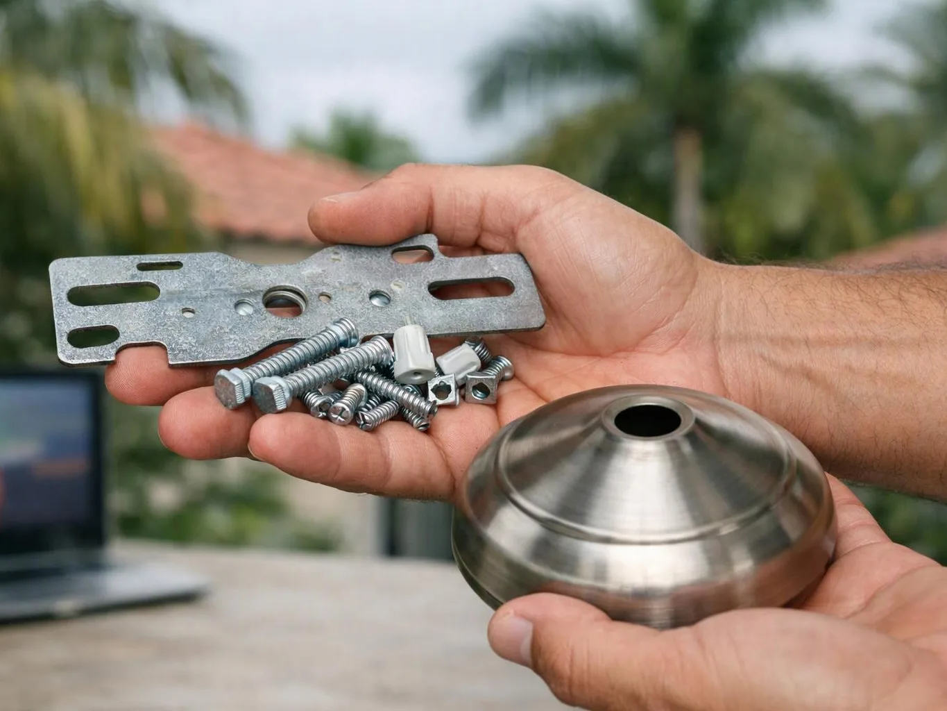 Hands hold a metal mounting plate, screws, anchors, and a round brushed steel fixture part outdoors