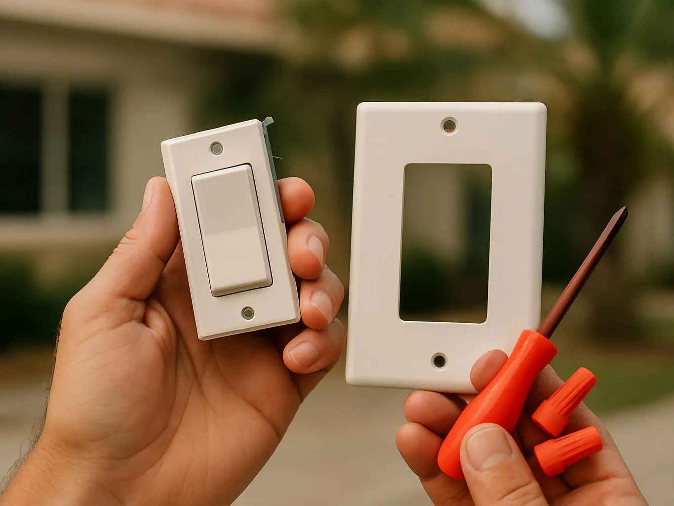 Hands hold a white light switch, a matching faceplate, and a red screwdriver outdoors with a blurred house behind