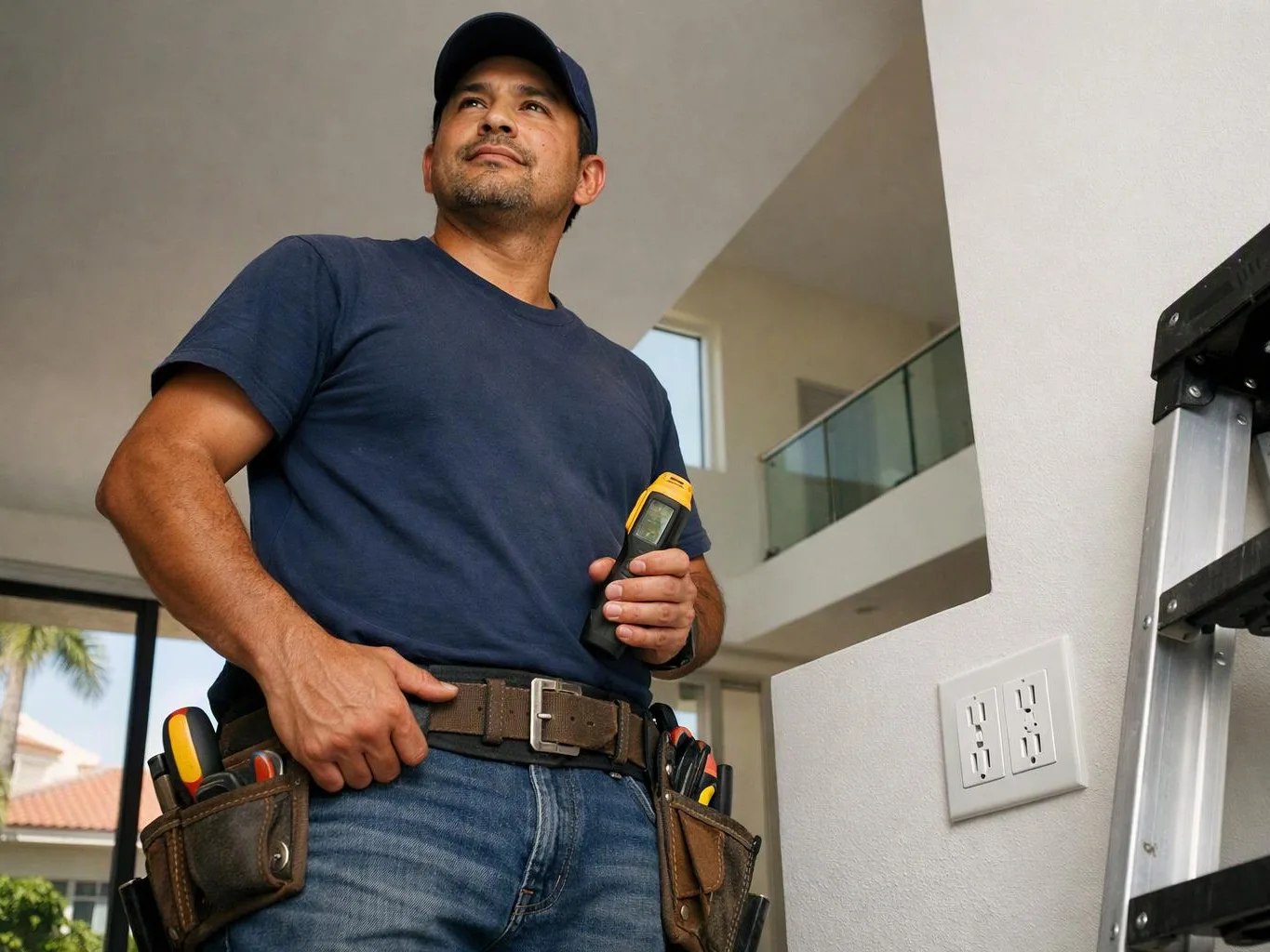 A handyman in a cap stands indoors holding a yellow tool, with a ladder and wall outlets nearby