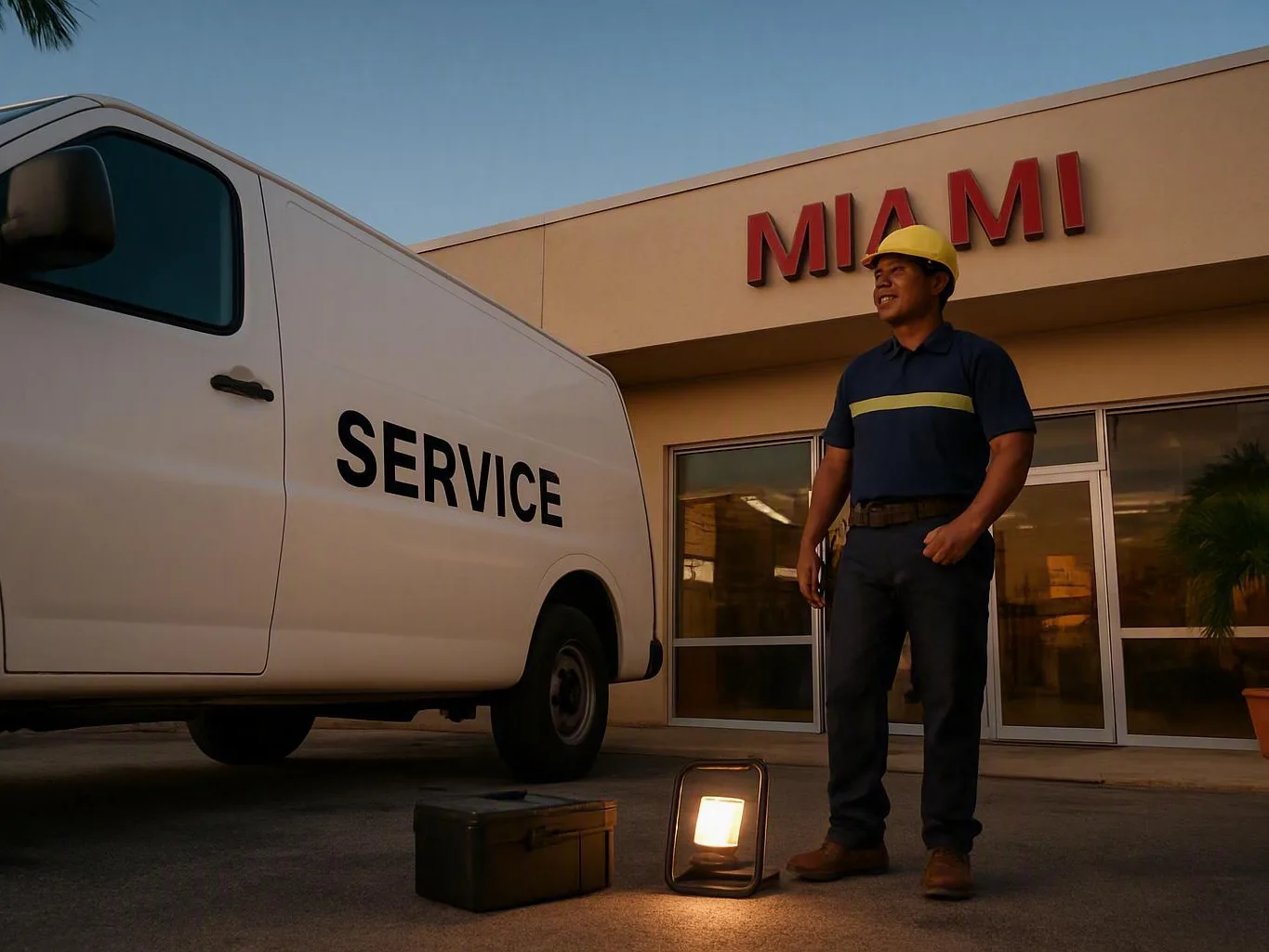 Worker in yellow hard hat standing beside a Miami-labeled service van outside a building