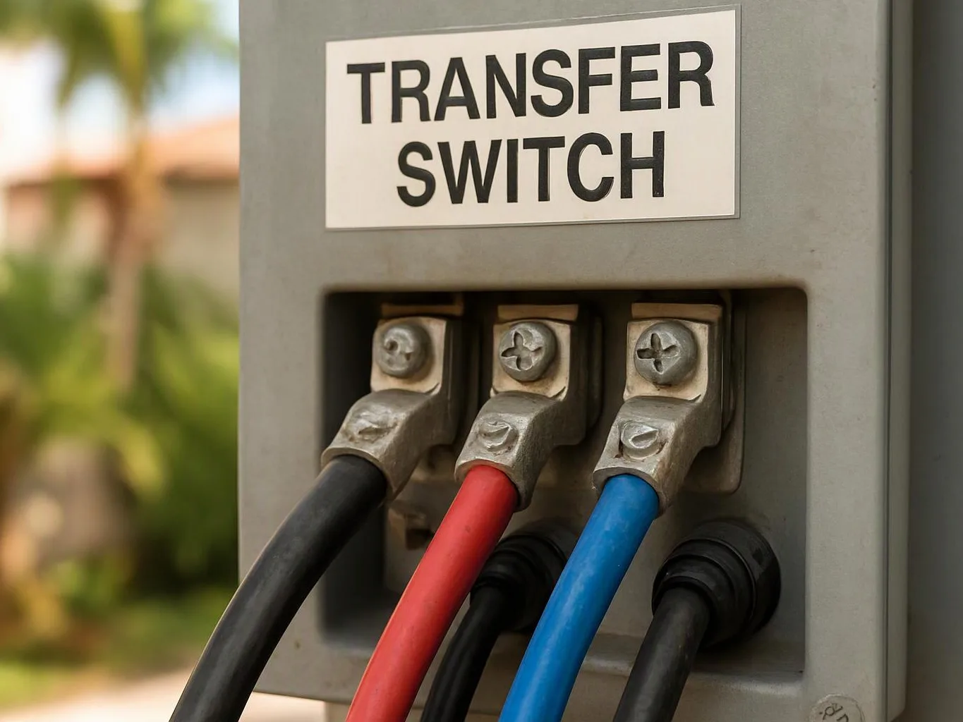 A labeled electrical transfer switch with red, blue, and black cables connected on a gray panel