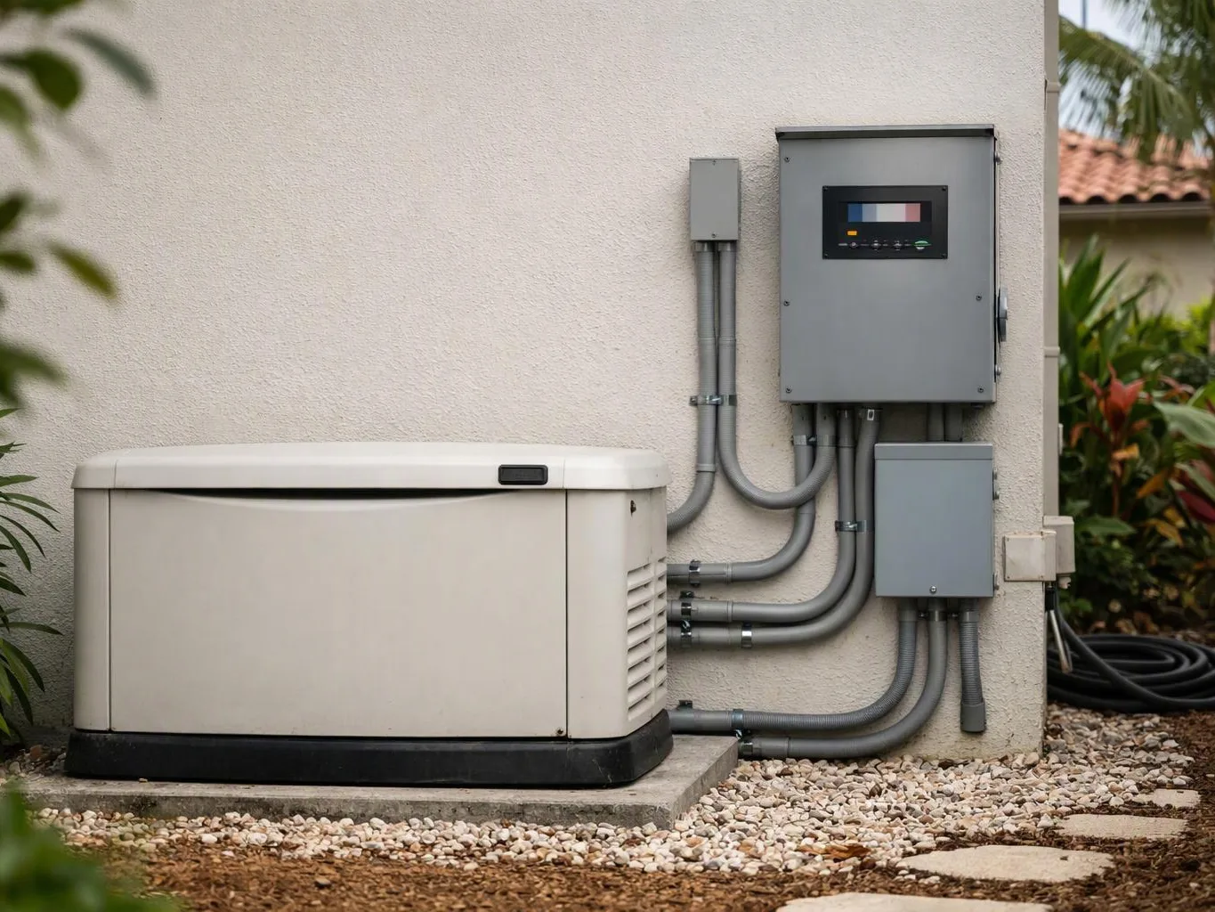 A home generator sits beside a wall, with gray electrical boxes and conduit pipes attached