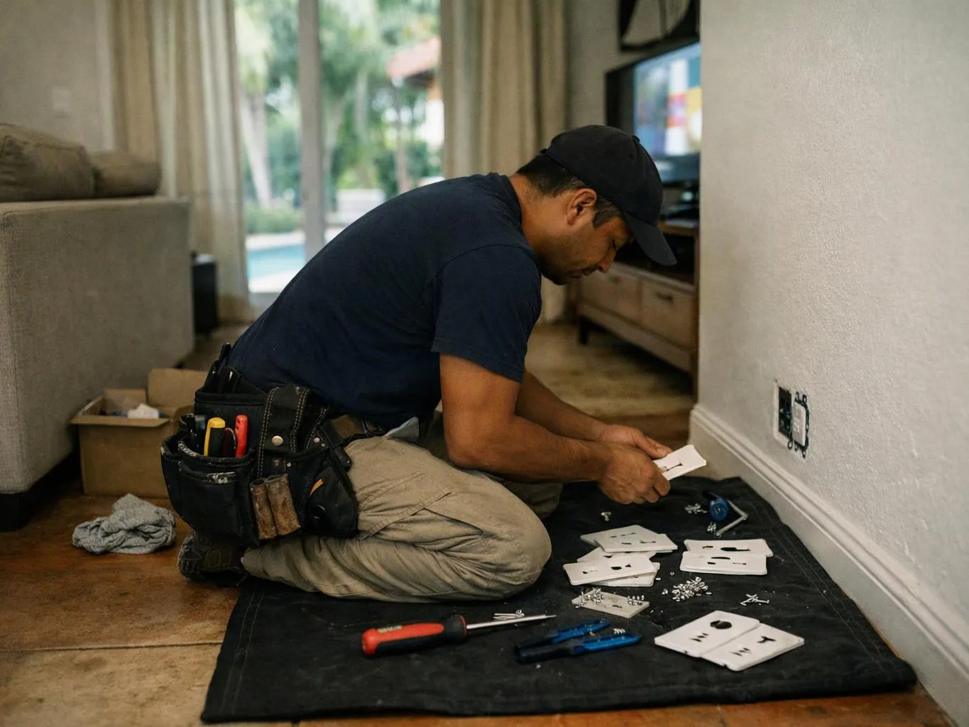 A kneeling electrician installs a wall outlet on a mat beside scattered tools in a living room