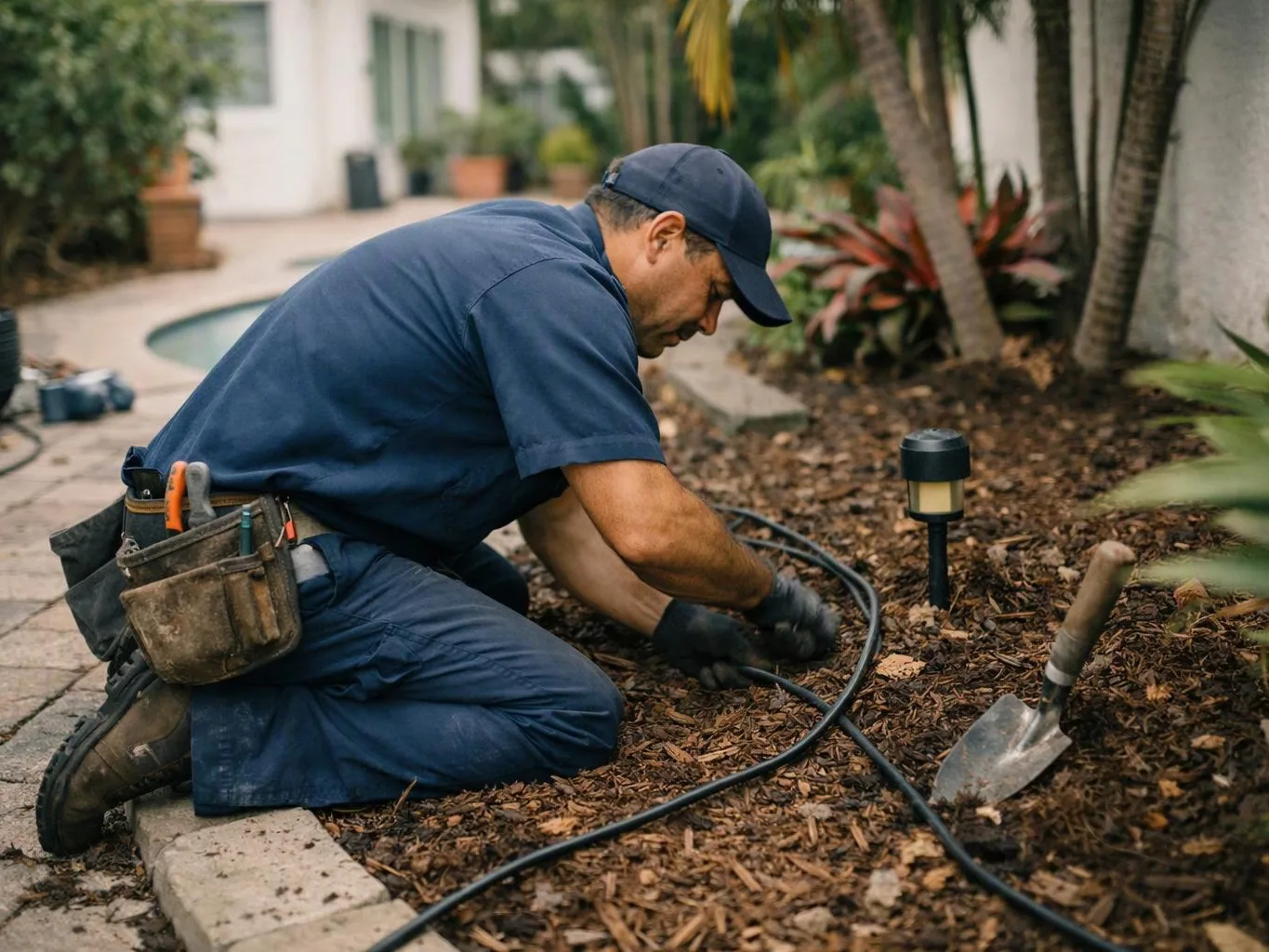 A landscaper in blue kneels by a garden bed, working with a black hose near a path and small light