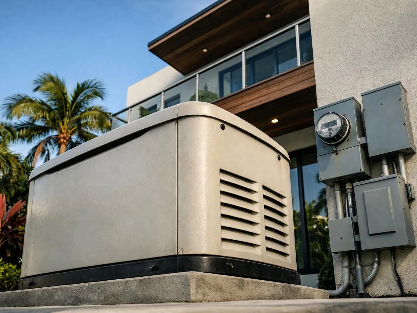A large beige generator sits beside a modern house with palm trees and utility boxes visible around it
