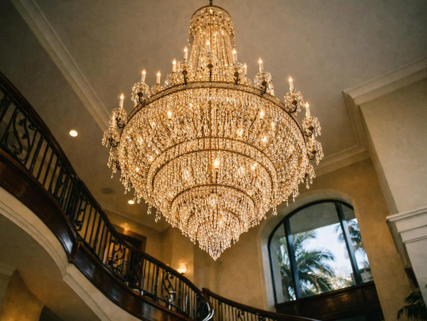 A large crystal chandelier hangs in a grand foyer with curved staircase and tall arched window