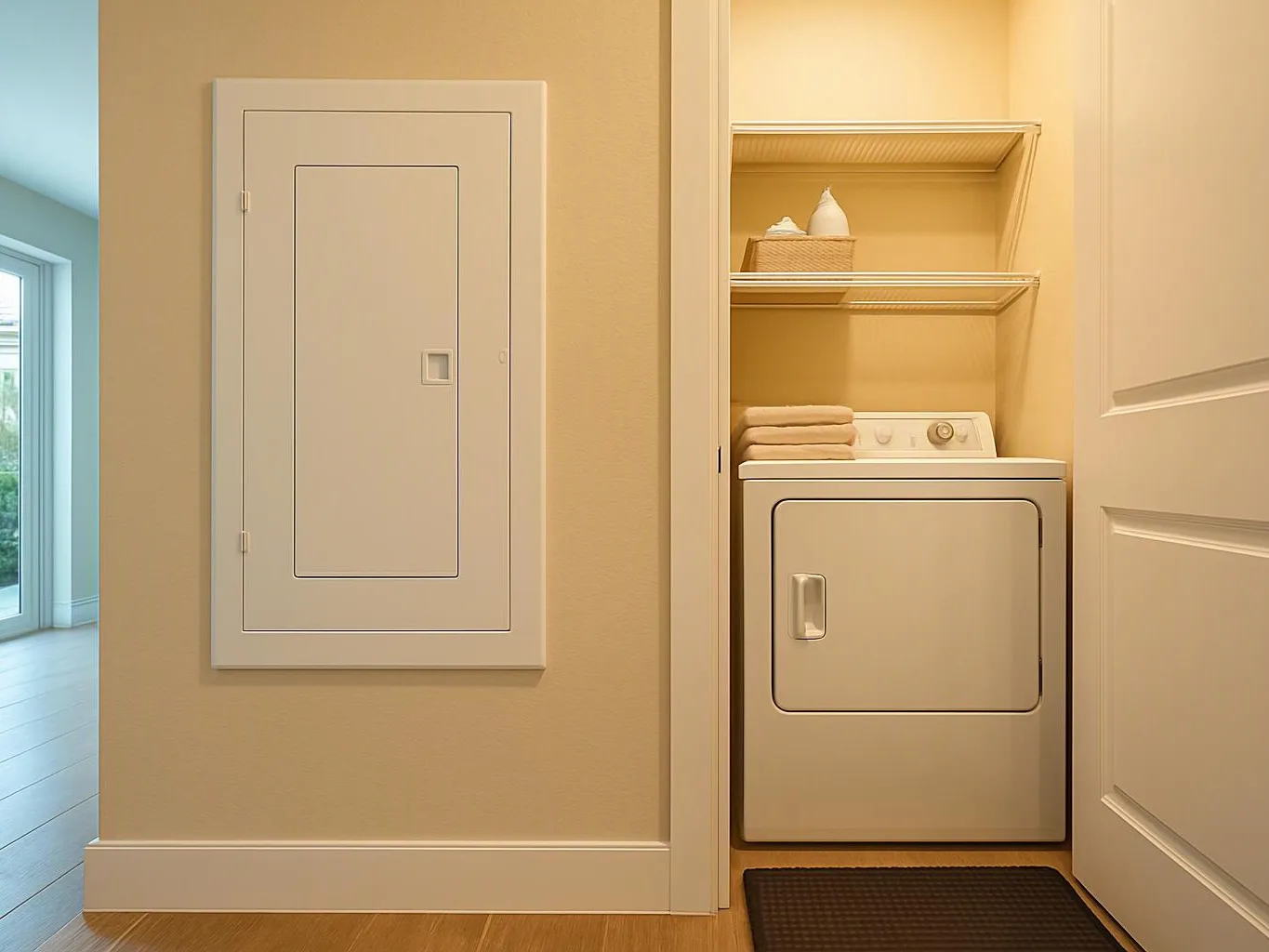 A laundry nook shows a stacked washer and dryer, shelves, and a wall panel in a beige hallway