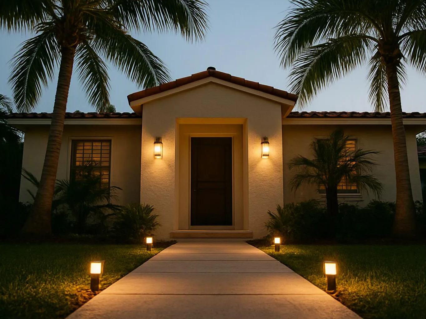 A lit house entrance with palm trees, a straight walkway, and glowing path lights at dusk