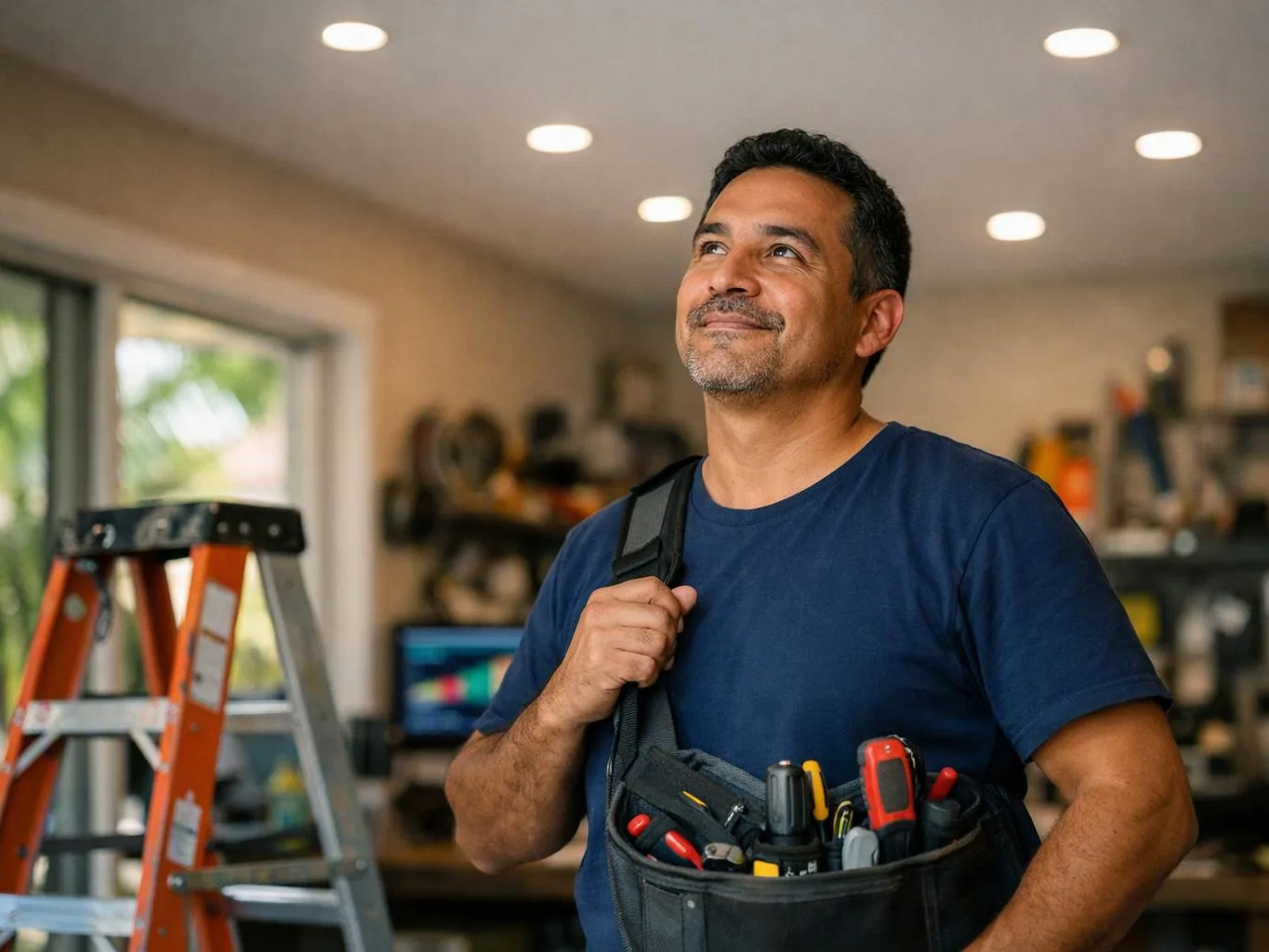 A man in a blue shirt stands in a workshop, holding a tool bag and looking upward
