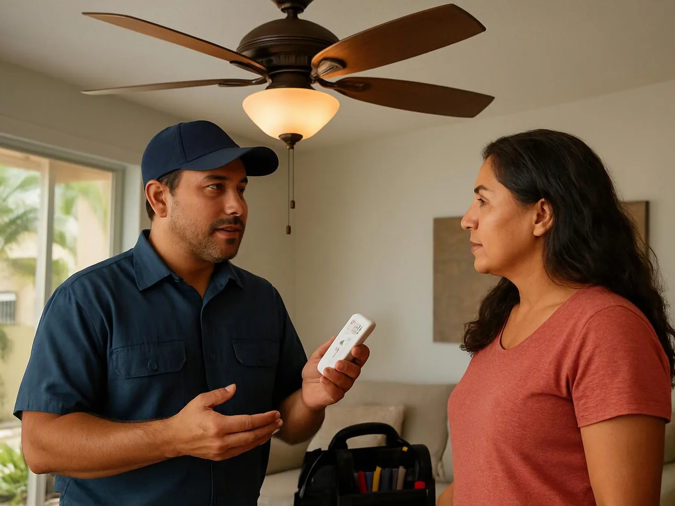 A man in a blue uniform shows a remote to a woman in a living room under a ceiling fan