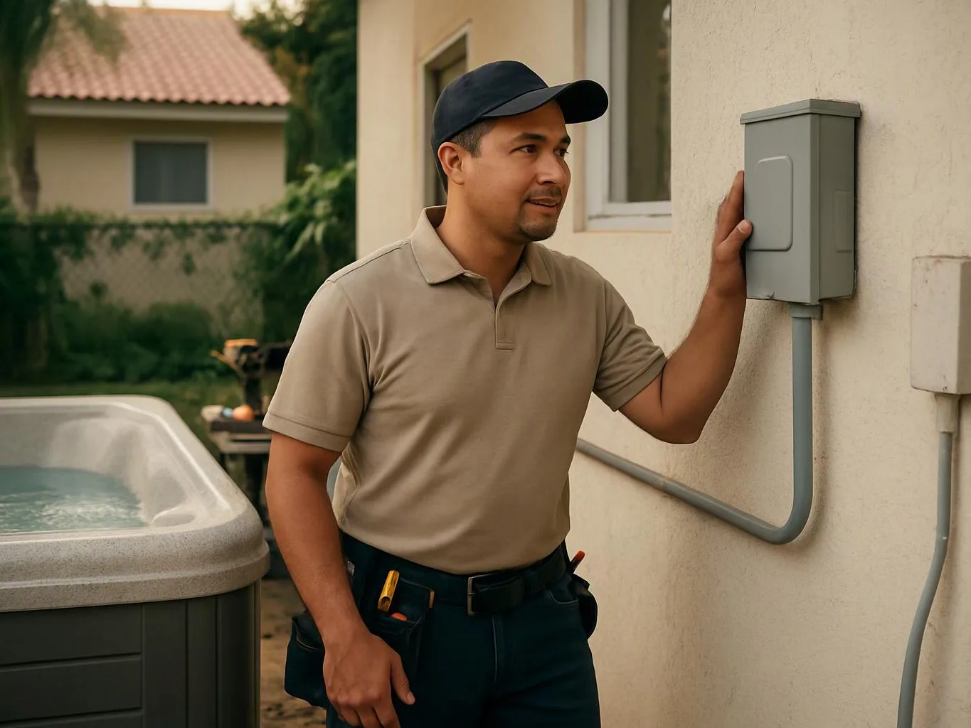 A man in a cap checks an electrical box beside a house, with a hot tub and yard behind him