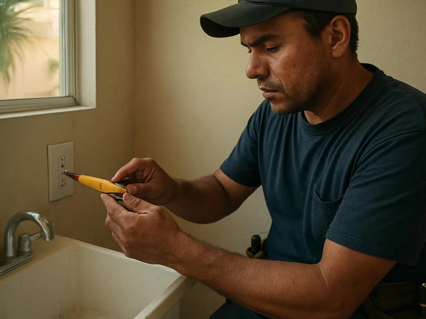 A man in a cap checks an electrical outlet beside a sink while holding a yellow tester