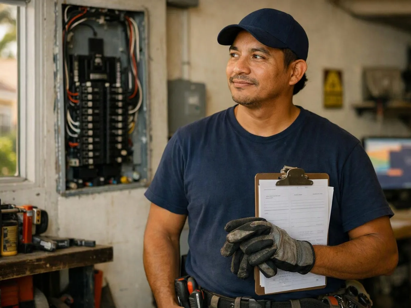 A man in a cap and gloves holds a clipboard beside an open electrical breaker panel in a workshop
