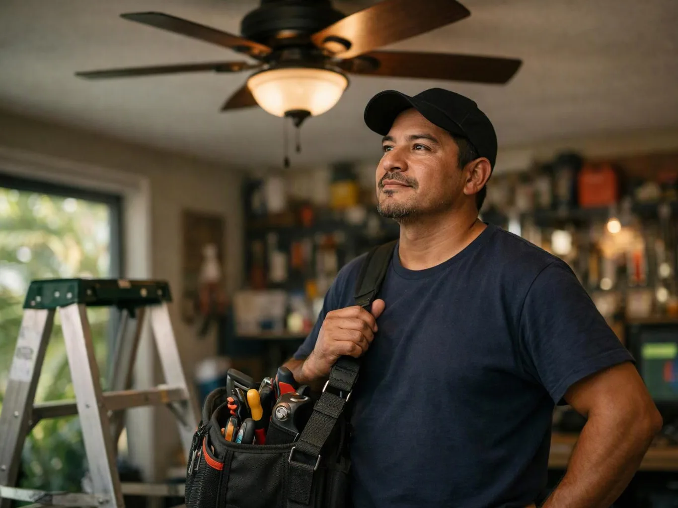 A man in a cap holds a tool bag and looks up inside a cluttered room with a ladder and ceiling fan