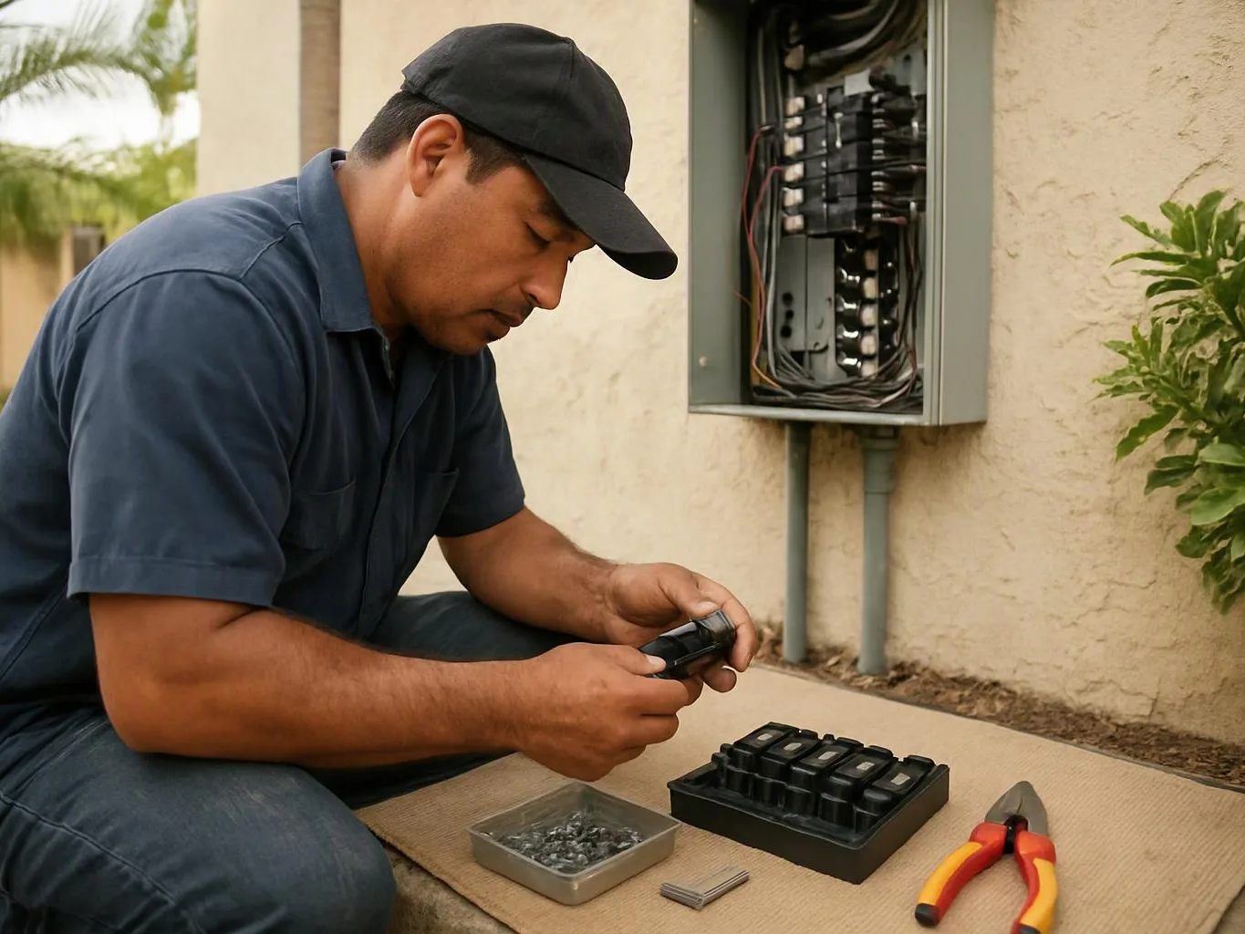 A man in a cap inspects electrical parts beside an open breaker panel outdoors