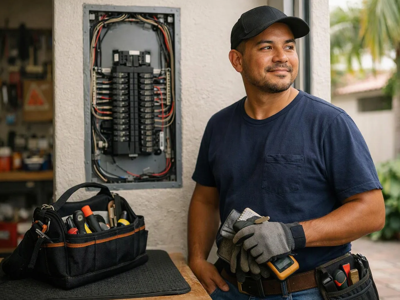 A man in a cap stands beside an open electrical panel with tools on a table