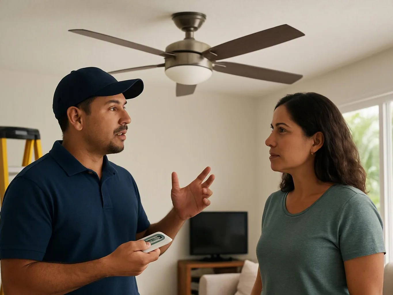 A man in a cap talks while holding a remote, facing a woman in a living room with a ceiling fan and ladder