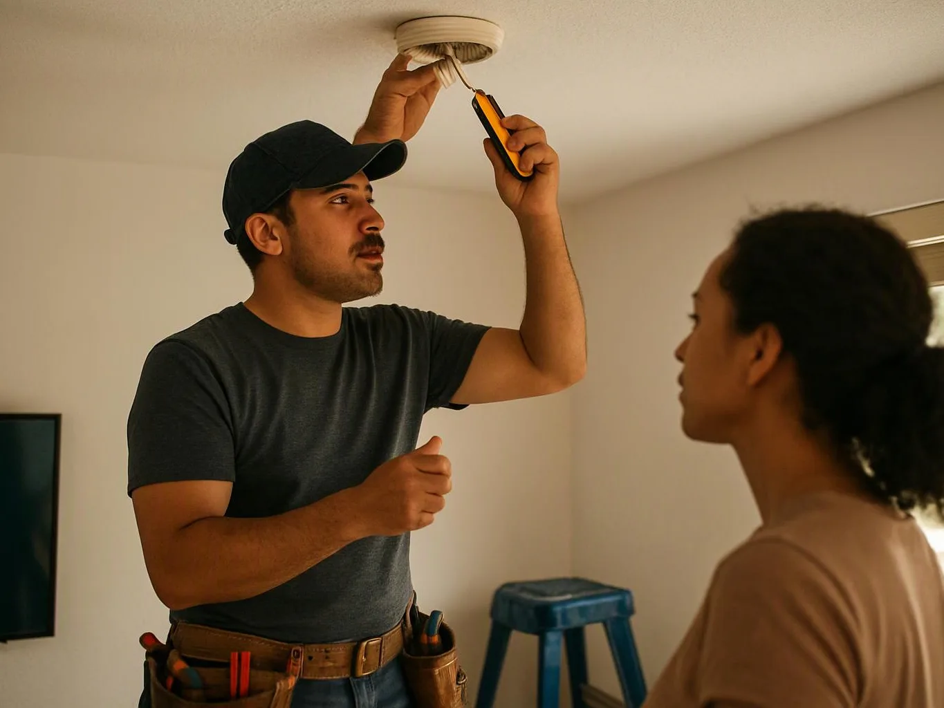 A man in a cap works on a ceiling fixture with a tool while a woman watches nearby indoors