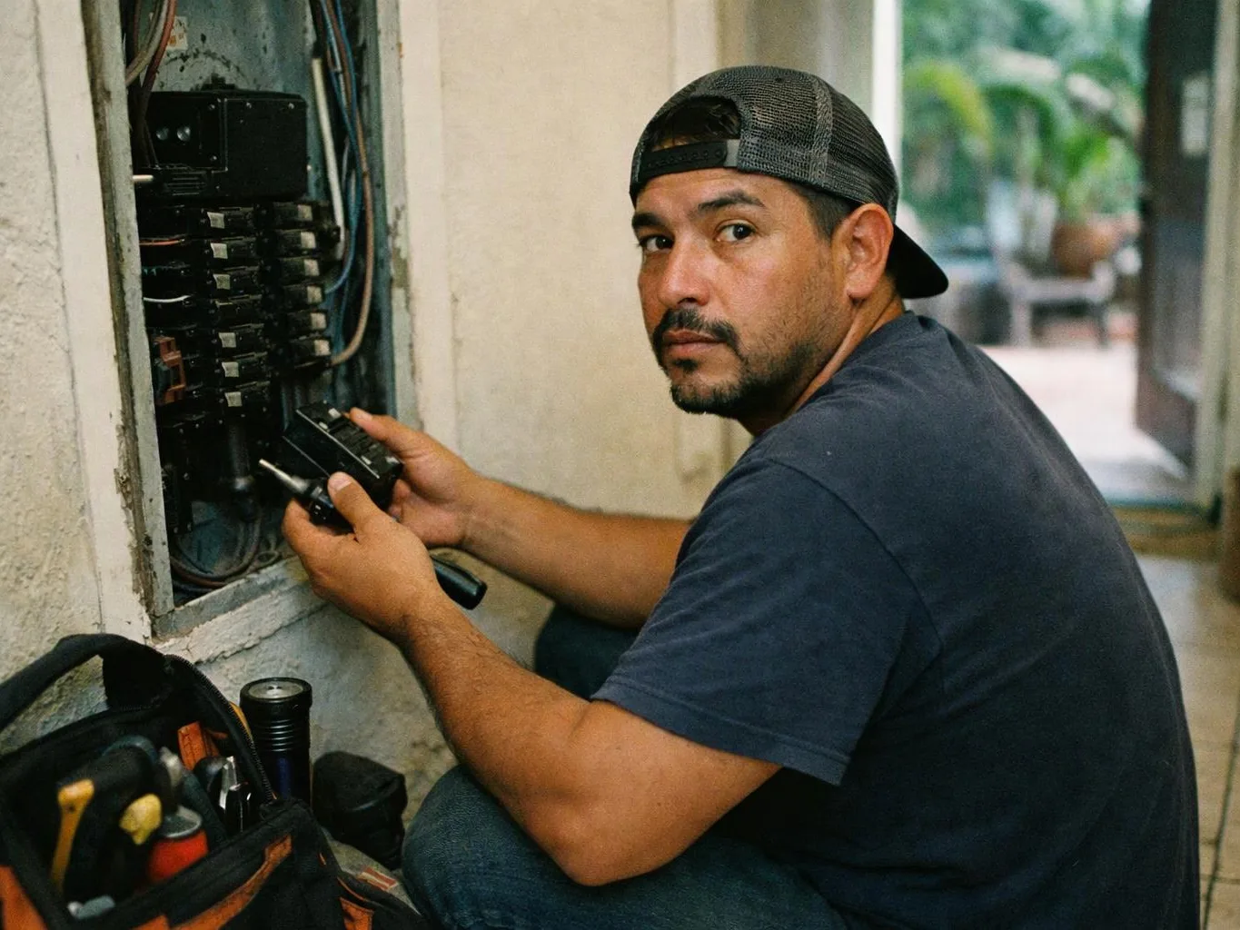 A man in a cap works on an open electrical panel with tools in a narrow hallway