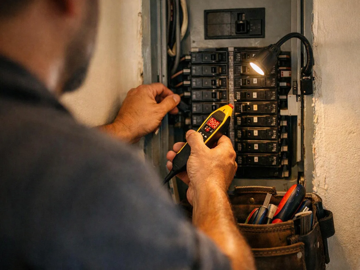A man checks an electrical breaker panel with a tester and tools in a wall recess