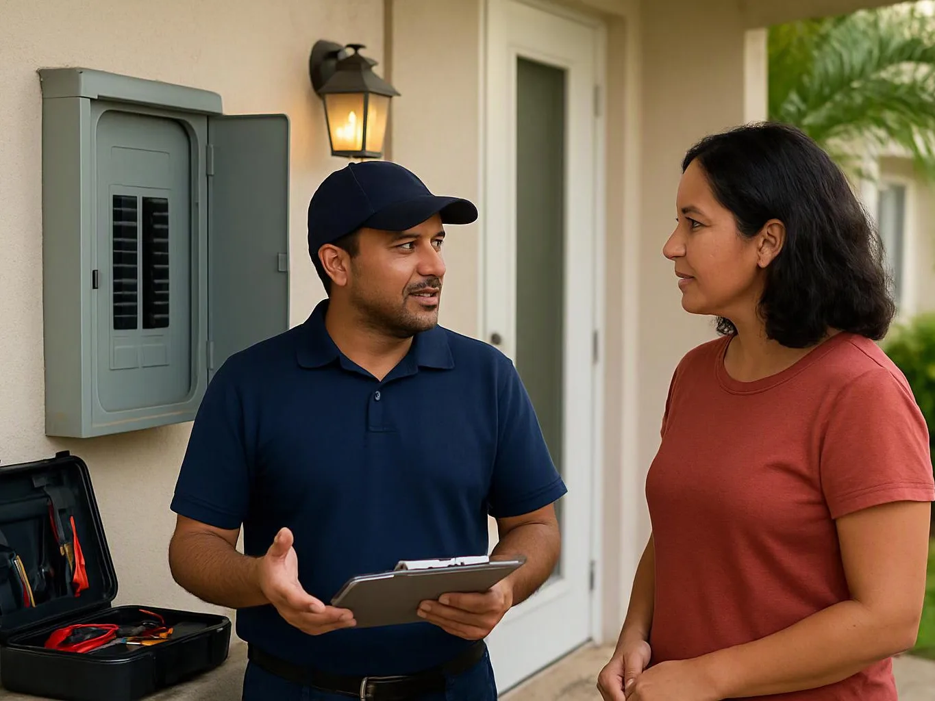 A man with a clipboard talks with a woman beside an open electrical panel outside a house