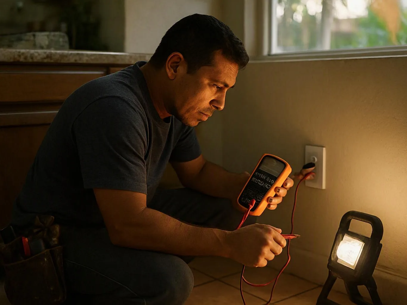 A man crouches indoors, testing a wall outlet with a multimeter beside a bright work light