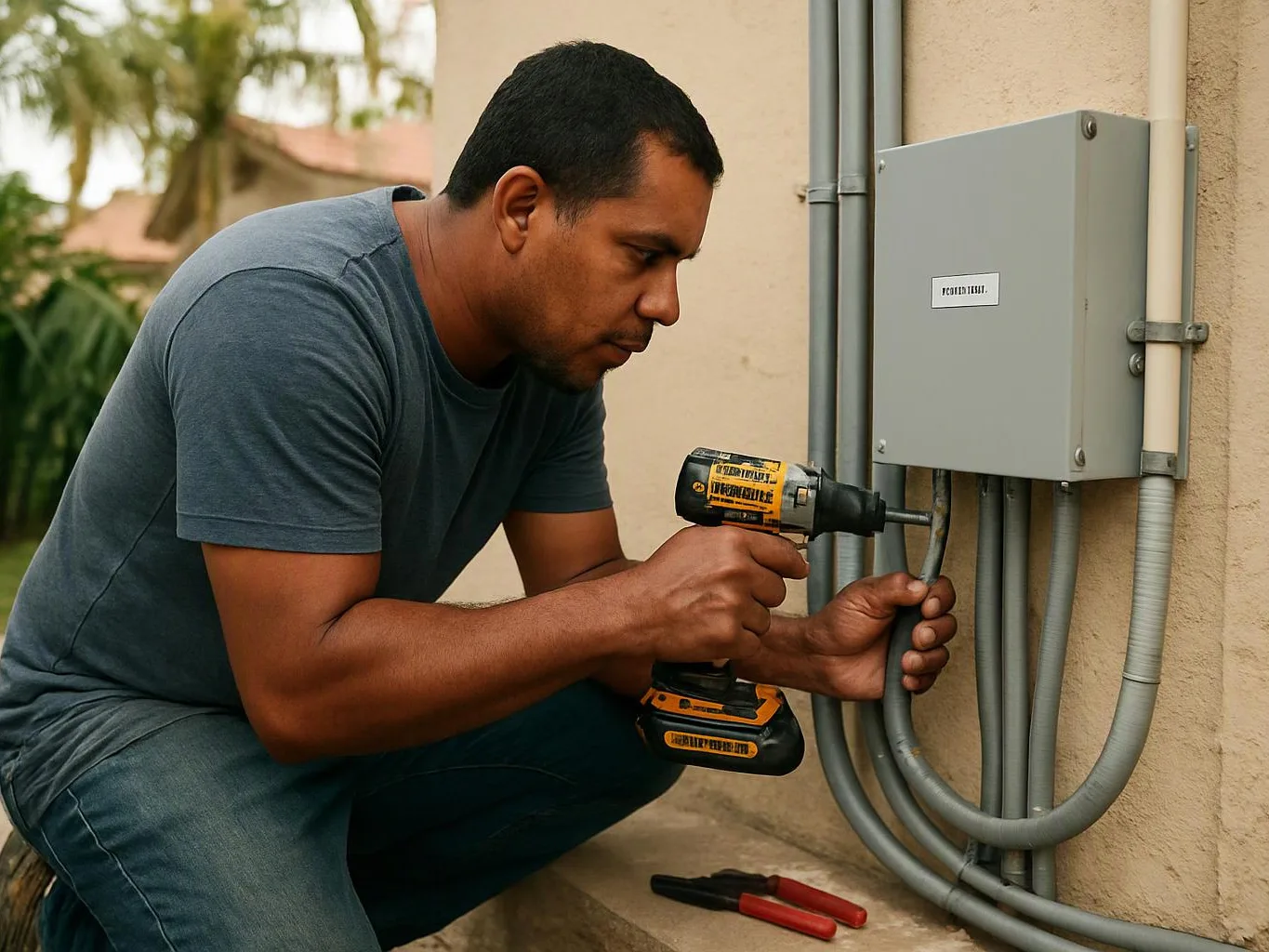 A man crouches outdoors, using a drill to work on gray electrical conduit beside a wall