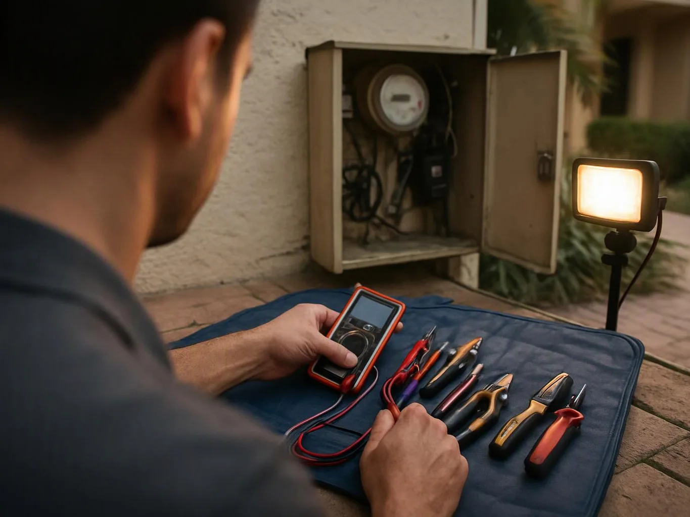 A man examines an electric meter beside an open panel, with tools and a test device on a mat outdoors