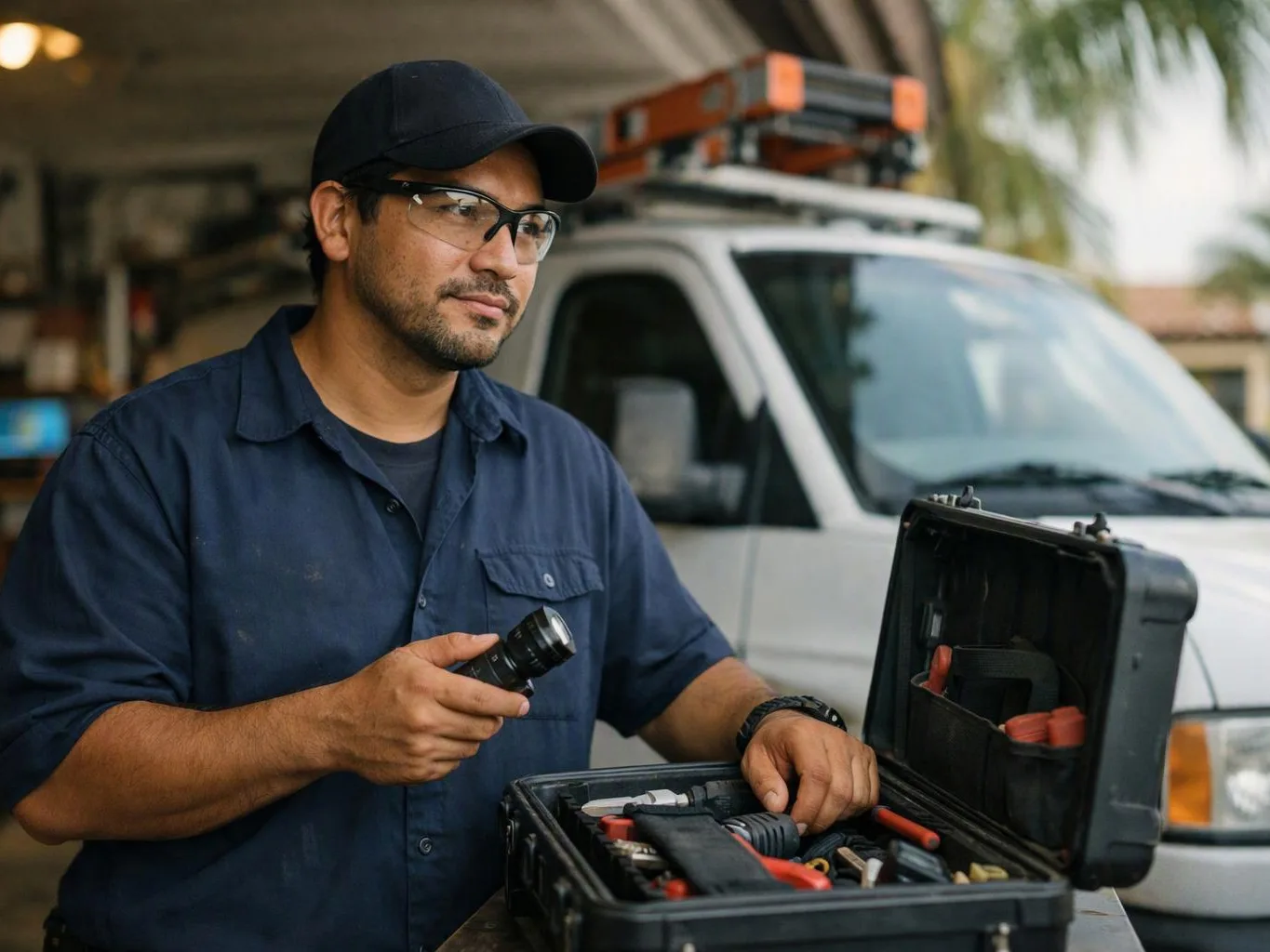 A man in glasses and a cap inspects a tool case beside a white utility van in a garage