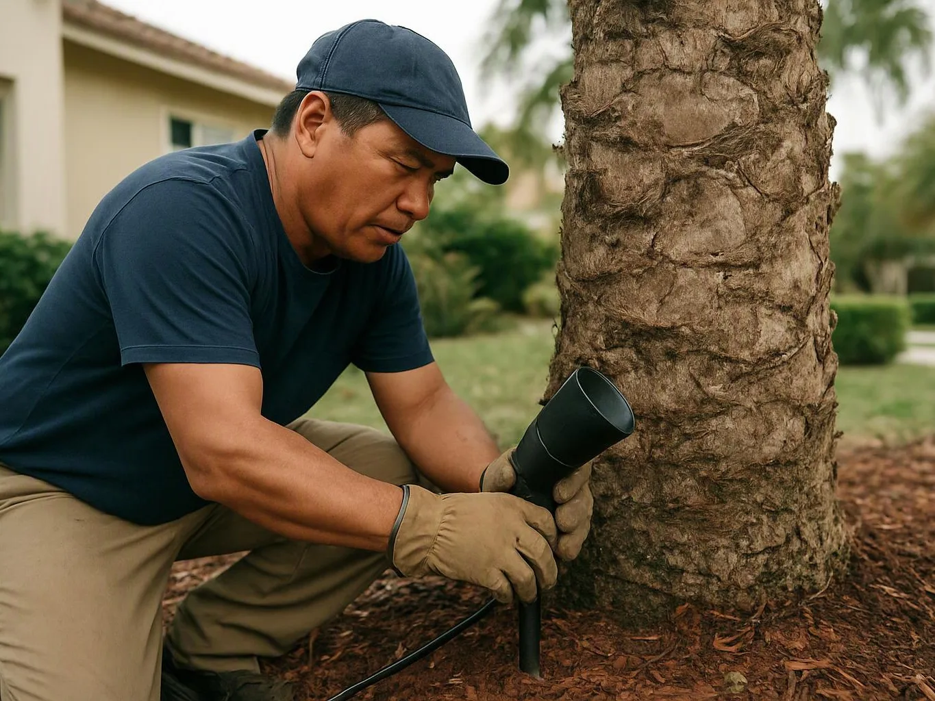 A man in gloves kneels by a palm tree, holding a black irrigation sprinkler in a yard