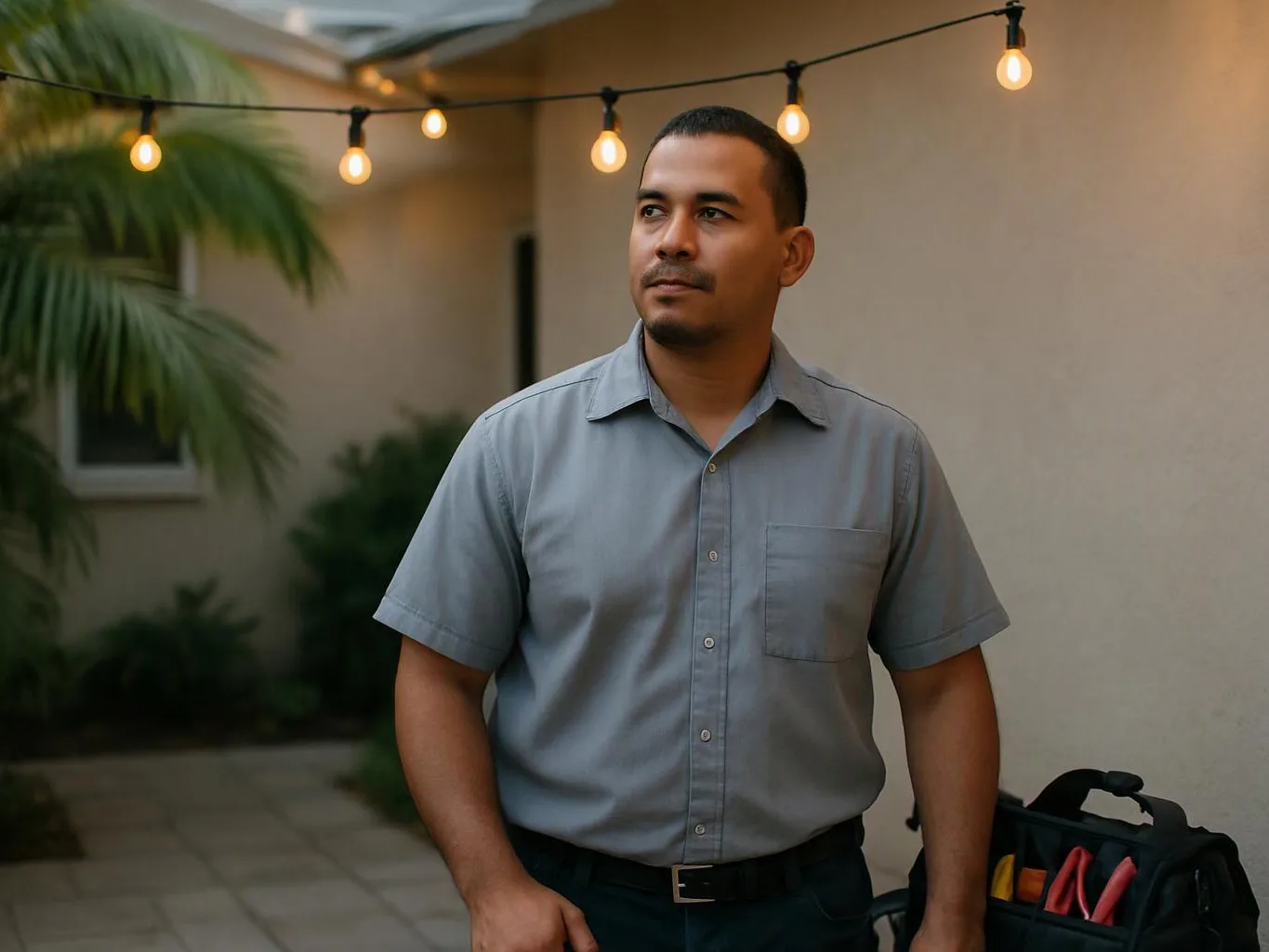 A man in a gray shirt stands outdoors under string lights, beside a tool bag and a palm plant