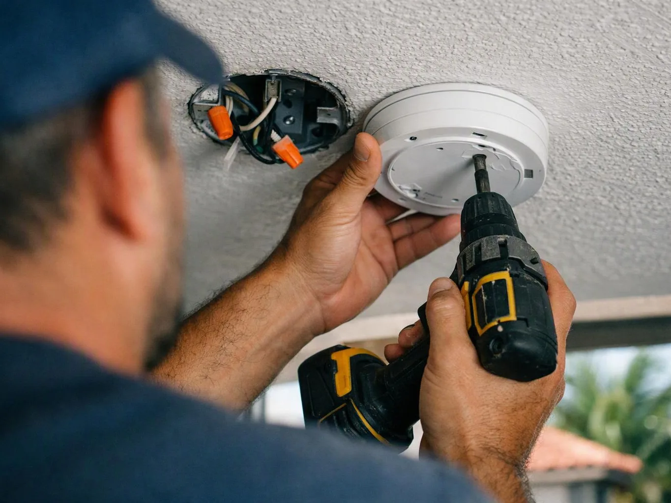 A man installs a white ceiling device with a drill beside exposed wires and a hole in the ceiling