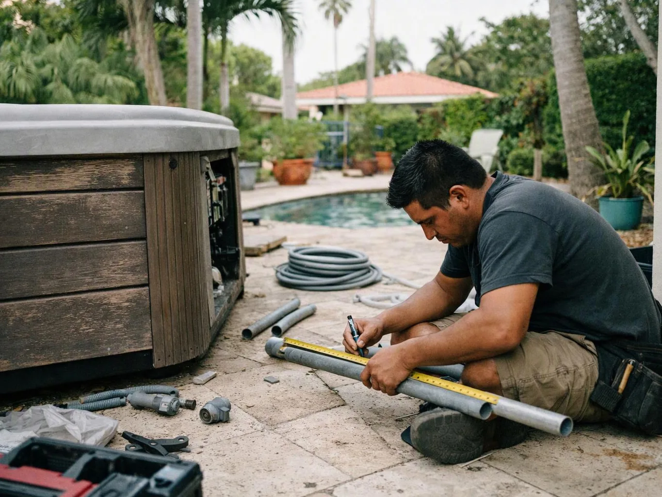 A man kneels beside a hot tub, measuring metal pipes on a patio by a pool