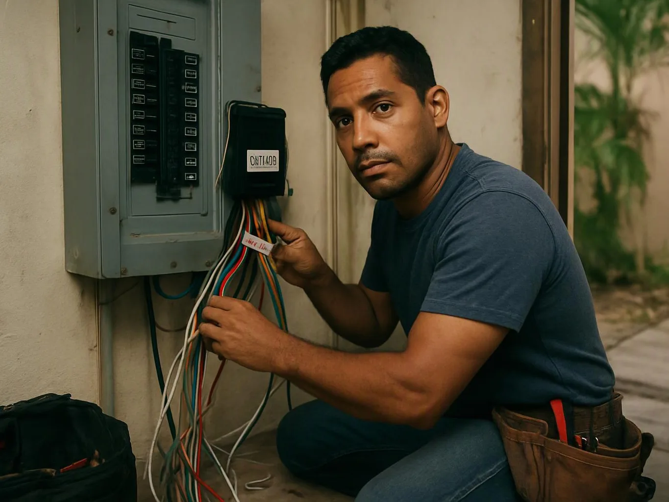 A man kneels by an electrical panel, handling bundles of colored wires beside an outdoor wall